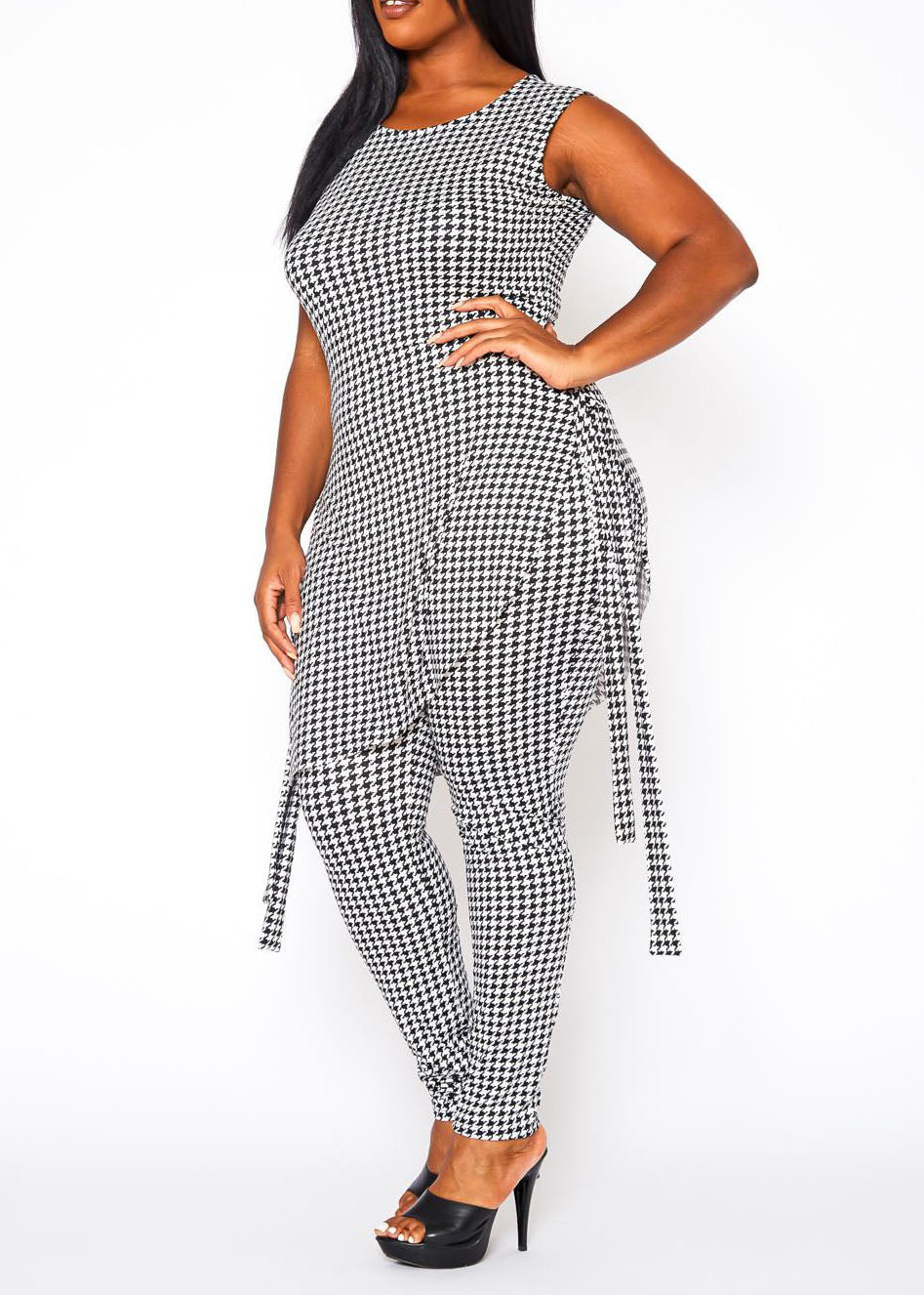 Hi curvy Plus Size Women Houndstooth Print Sleeveless Two Piece Set