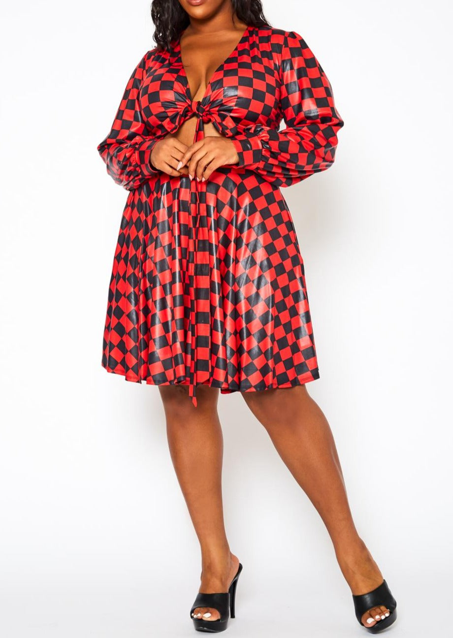 Hi Curvy Plus Size Checkered Print Wrap Top &amp; Pleated Skirt Set