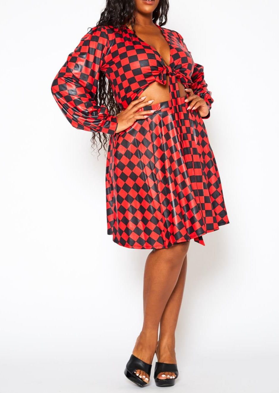 Hi Curvy Plus Size Checkered Print Wrap Top &amp; Pleated Skirt Set