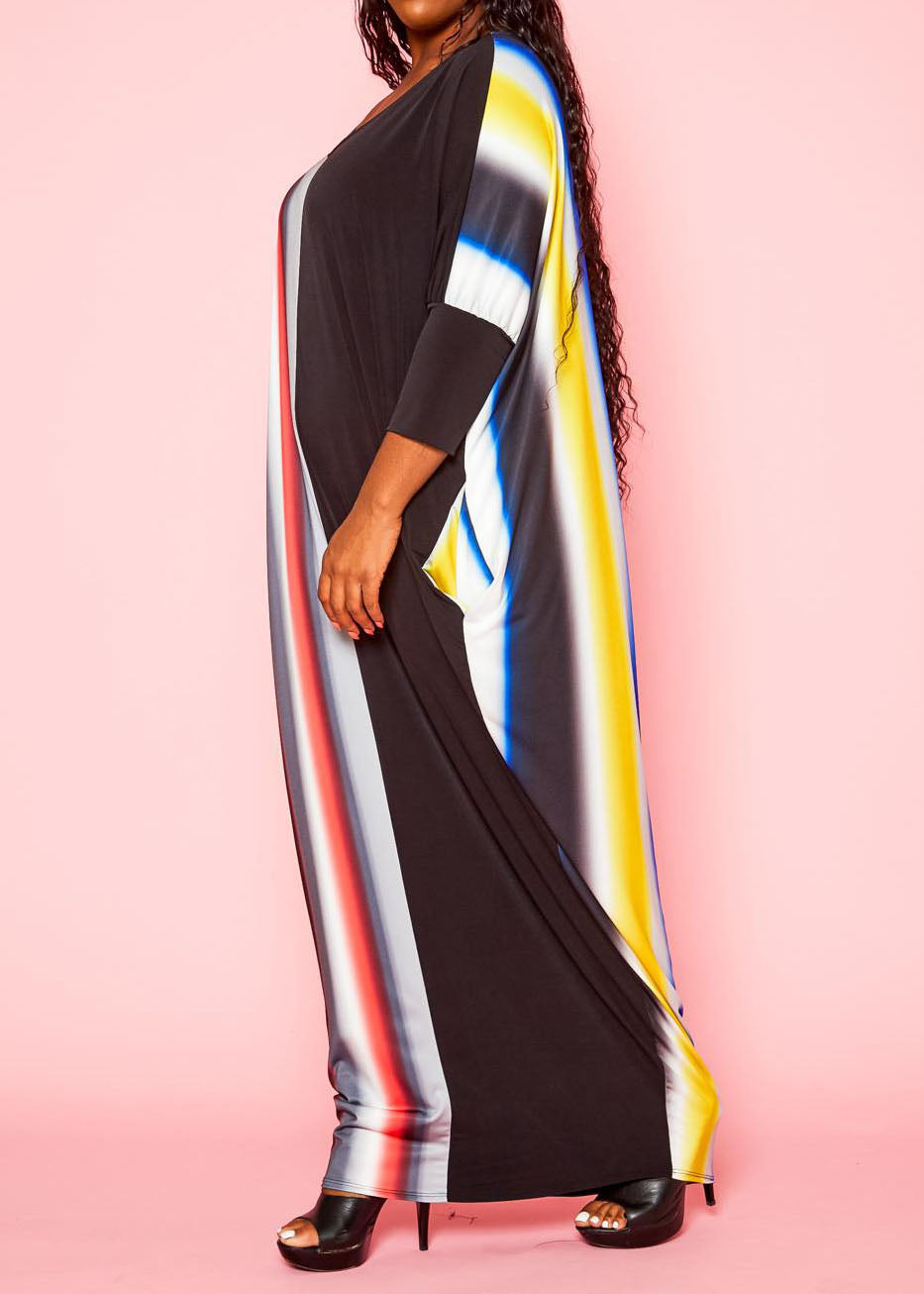 Hi Curvy Plus Size Gradient Pattern Splice Caftan Maxi Dress With Pockets