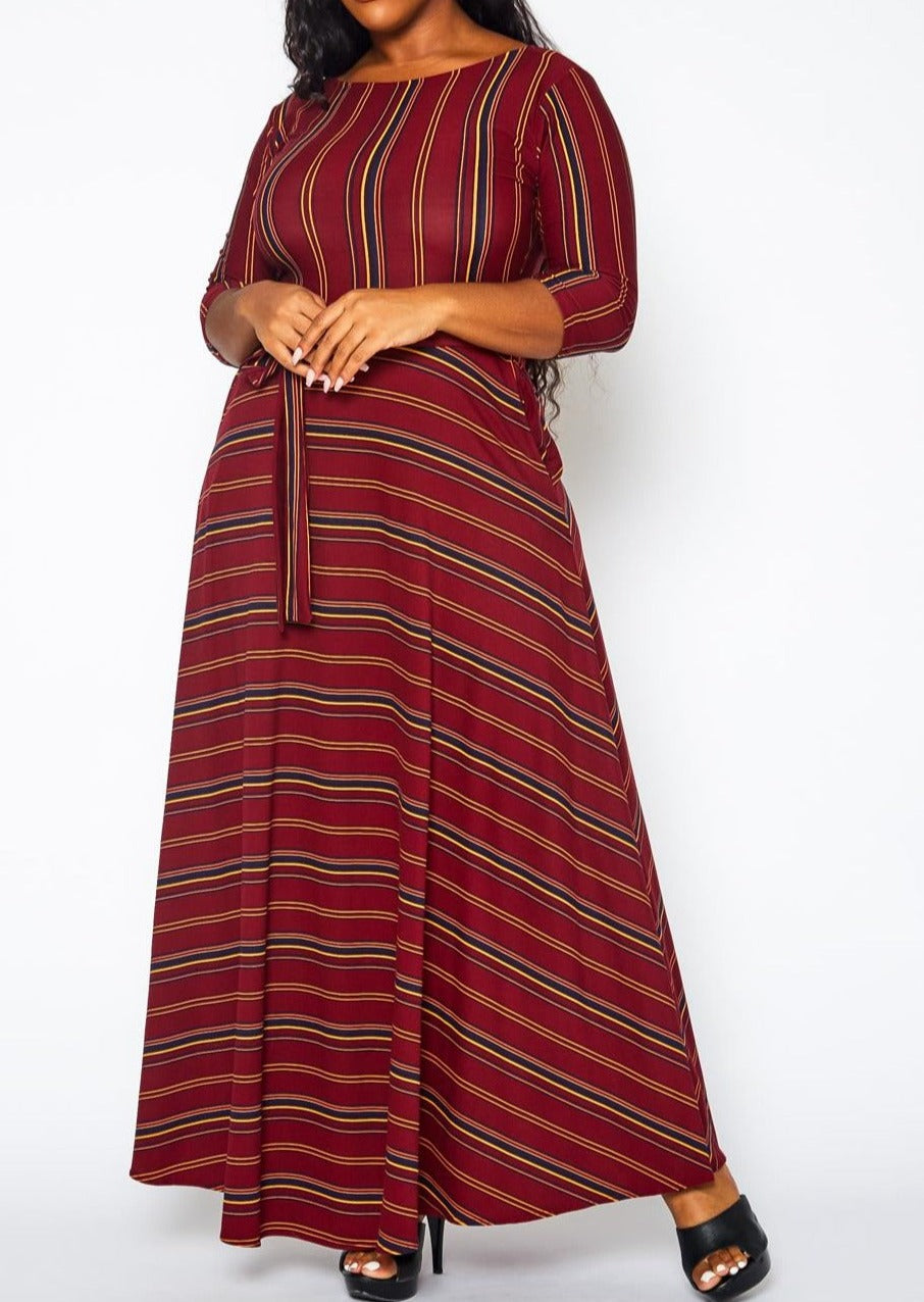 Hi Curvy Plus Size Women Multi Striped Flare Maxi Dress Made In USA