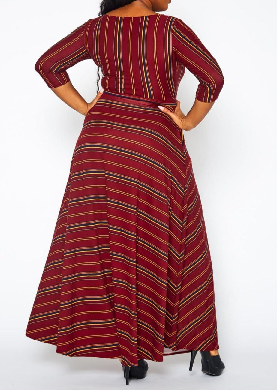 Hi Curvy Plus Size Women Multi Striped Flare Maxi Dress Made In USA