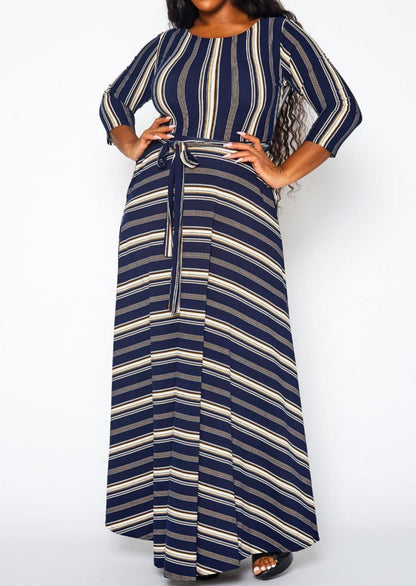 Hi Curvy Plus Size Women Multi Striped Flare Maxi Dress Made In USA