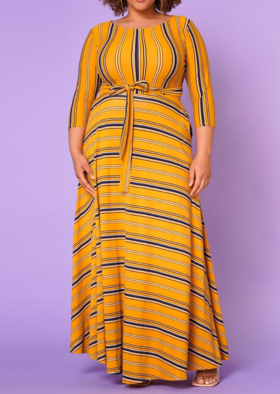 Hi Curvy Plus Size Women Multi Striped Flare Maxi Dress Made In USA