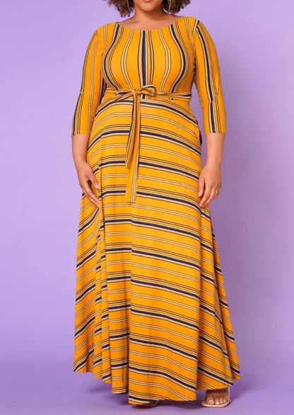 Hi Curvy Plus Size Women Multi Striped Flare Maxi Dress Made In USA