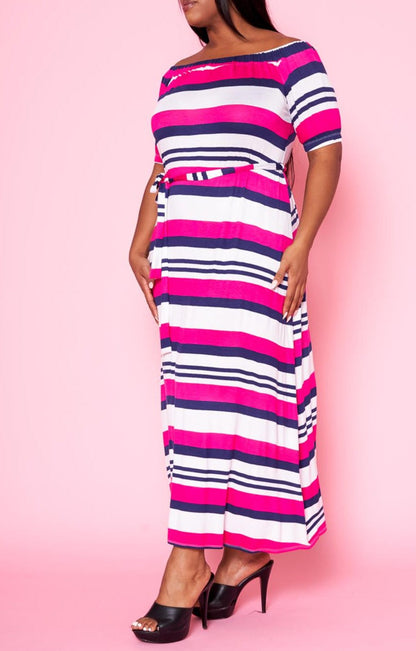 Plus Size Women Off Shoulder Multi Striped Flare Maxi Dress