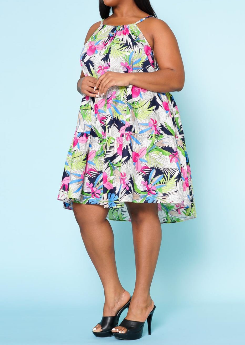 HI Curvy Plus Size Women Tropic Floral Pattern Flare Mini Dress With Pockets