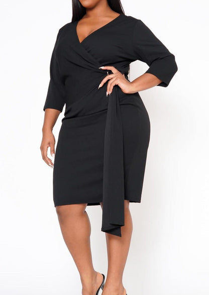 HI Curvy Plus Size Women V Neck Overlay Drape Midi Dress