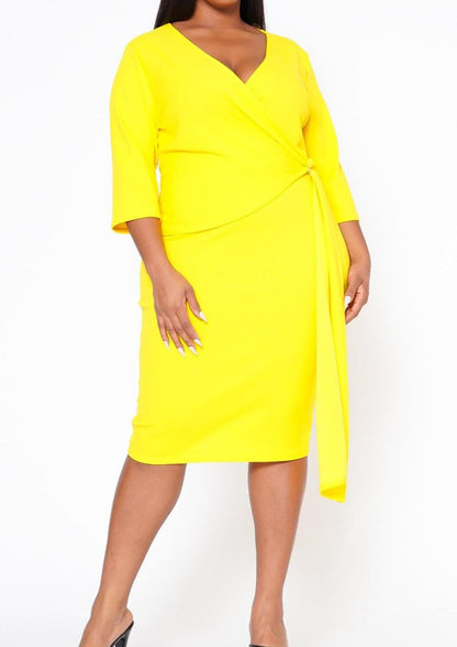 HI Curvy Plus Size Women V Neck Overlay Drape Midi Dress