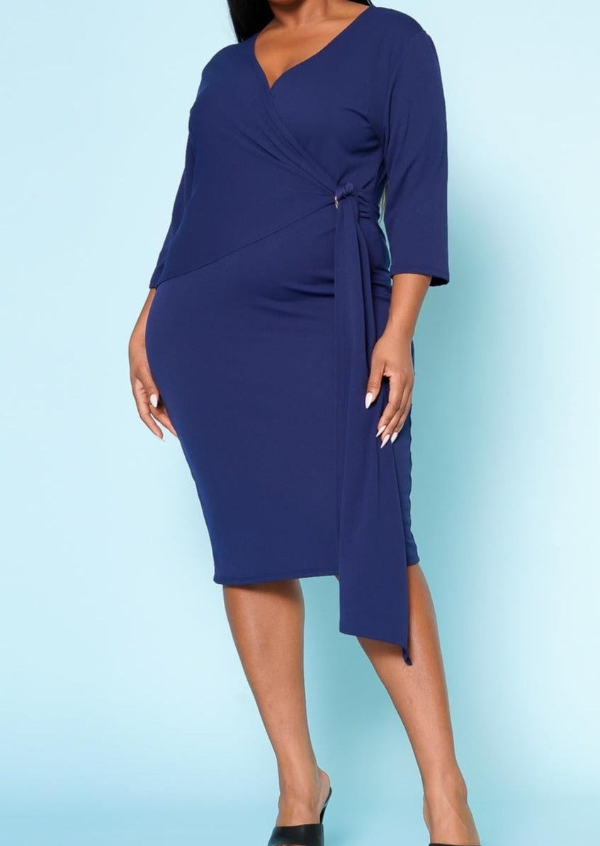 HI Curvy Plus Size Women V Neck Overlay Drape Midi Dress