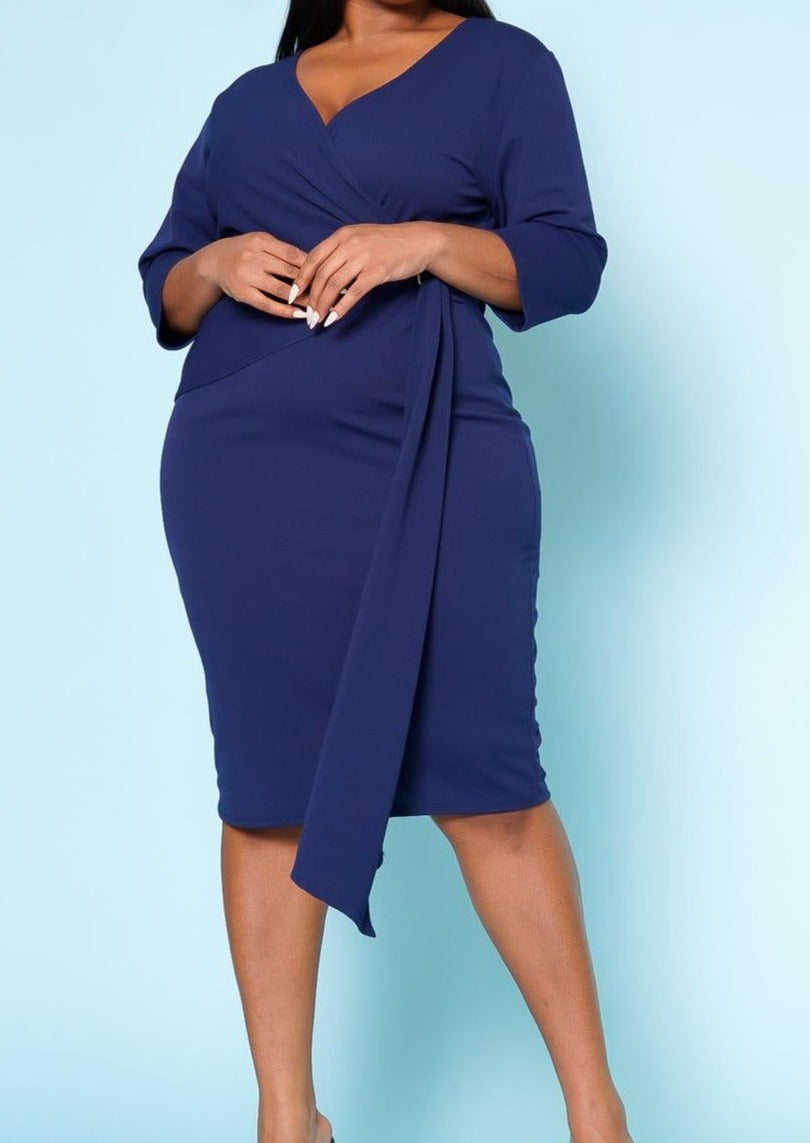 HI Curvy Plus Size Women V Neck Overlay Drape Midi Dress