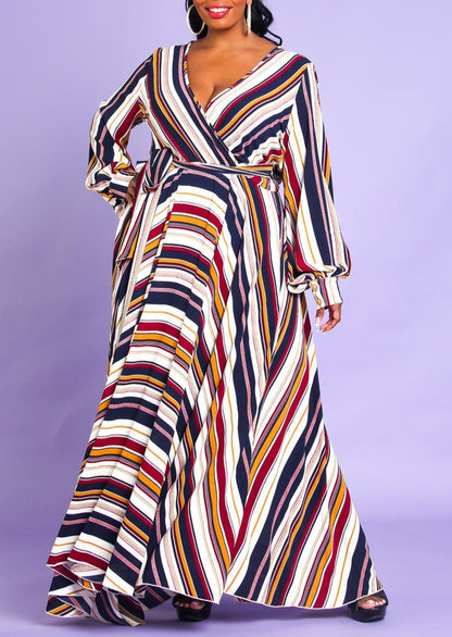 Hi Curvy Plus Size Women Multi Stripe Flare Maxi Dress Made In USA