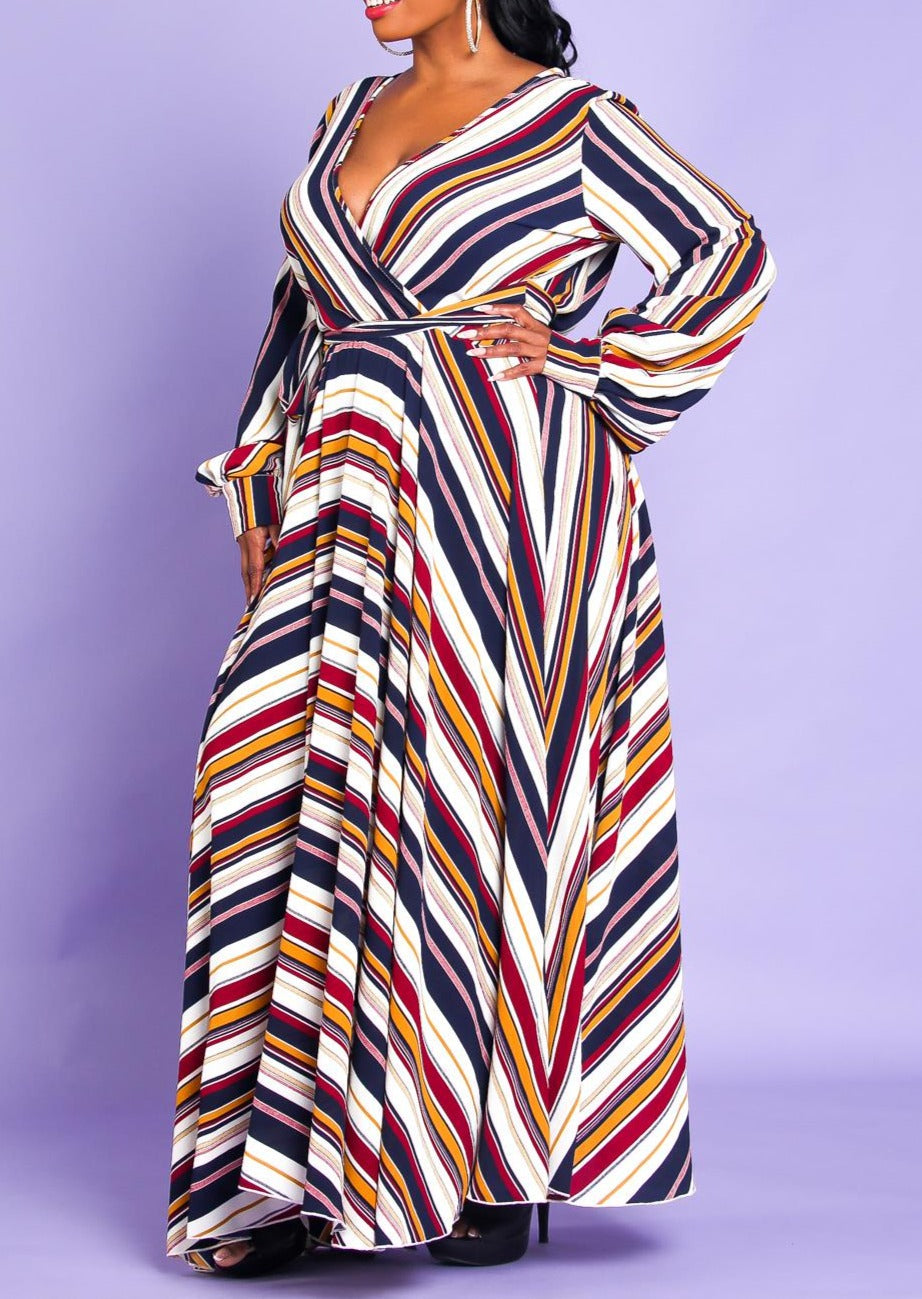 Hi Curvy Plus Size Women Multi Stripe Flare Maxi Dress Made In USA