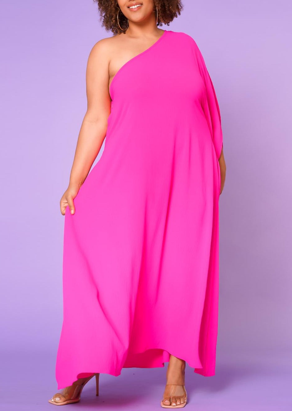 Hi Curvy Plus Size Women One Shoulder Maxi Flare Dress Made in USA