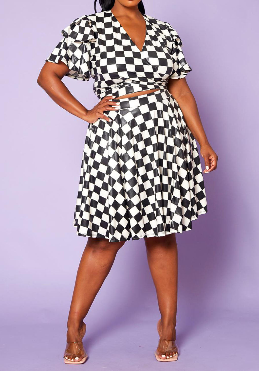 Hi Curvy Plus Size Checkered Print Wrap Top & Flare Skirt Set