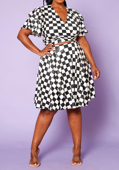 Hi Curvy Plus Size Checkered Print Wrap Top & Flare Skirt Set