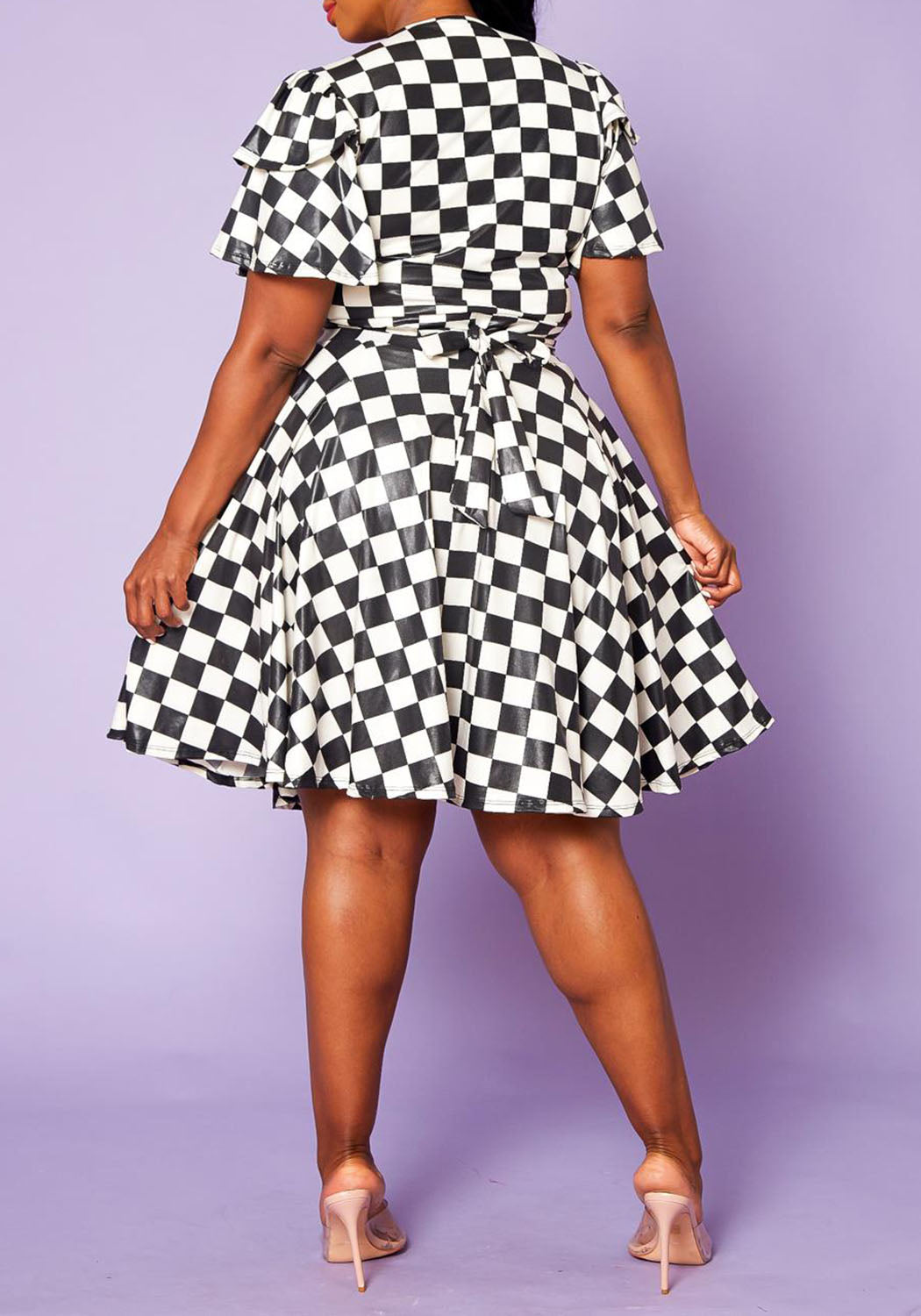 Hi Curvy Plus Size Checkered Print Wrap Top & Flare Skirt Set