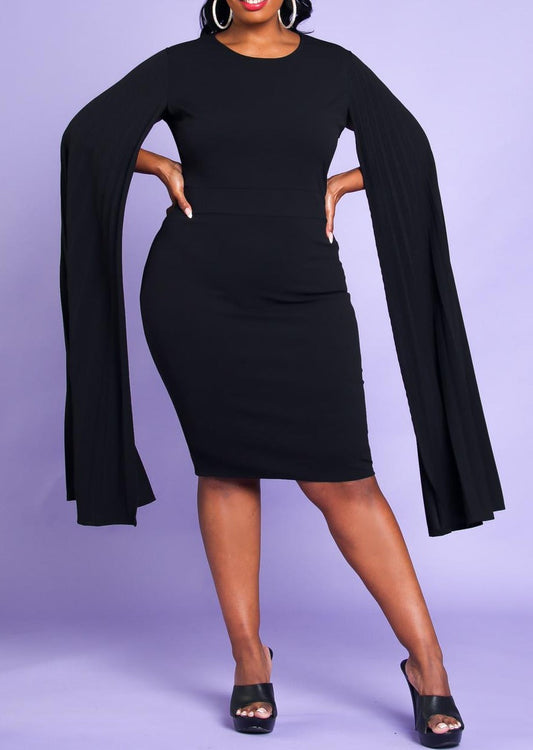 Hi Curvy Plus Size Women Pleated Cape Sleeve Bodycon Dress Made In USA