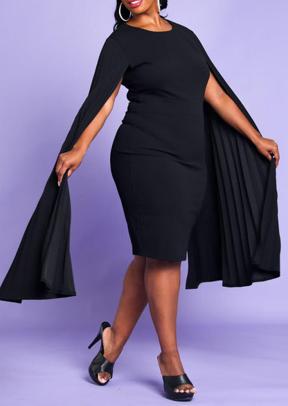 Hi Curvy Plus Size Women Pleated Cape Sleeve Bodycon Dress Made In USA