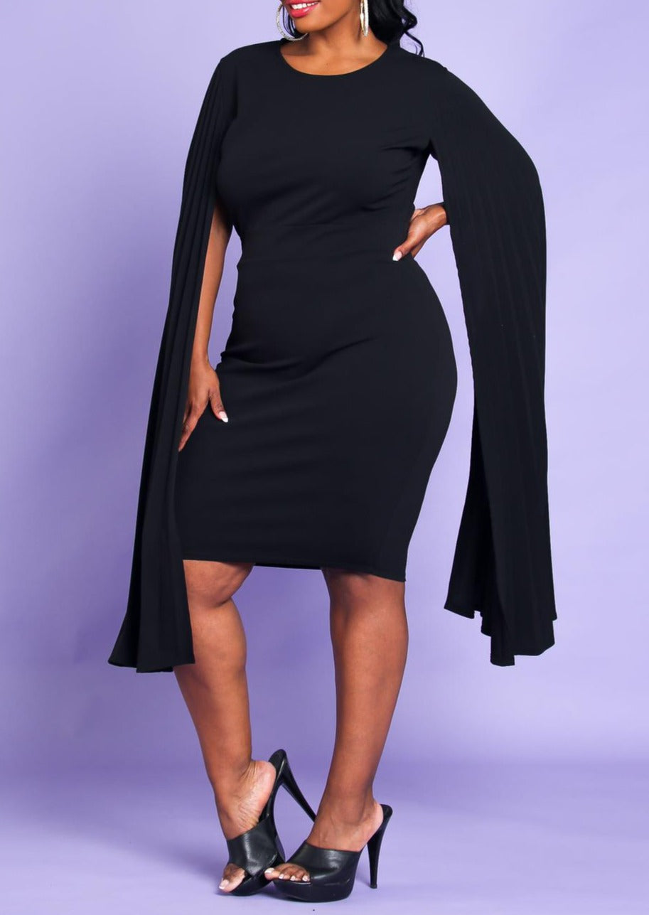 Hi Curvy Plus Size Women Pleated Cape Sleeve Bodycon Dress Made In USA