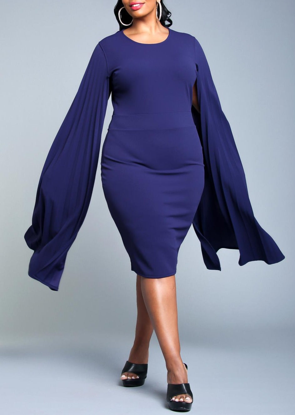 Hi Curvy Plus Size Women Pleated Cape Sleeve Bodycon Dress Made In USA