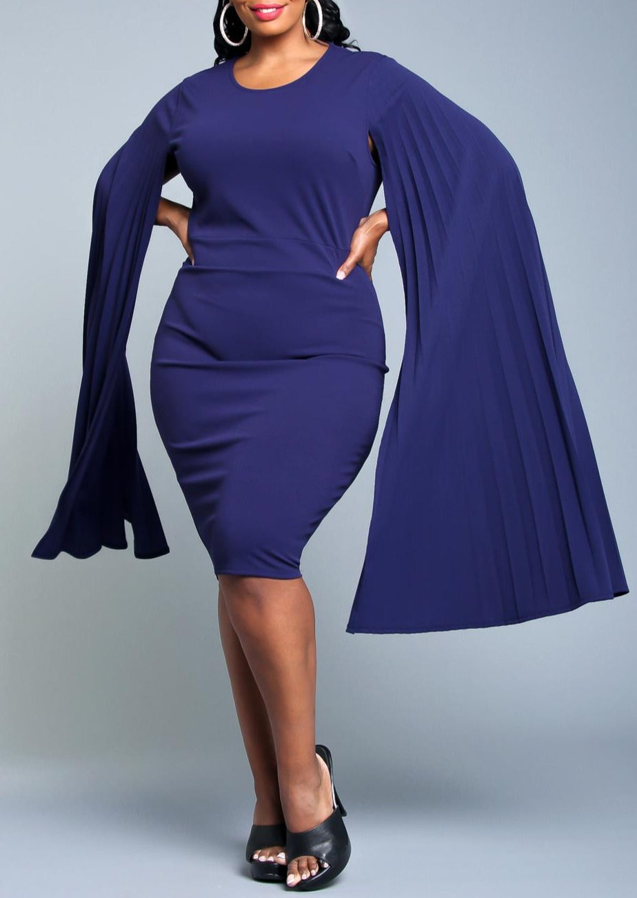 Hi Curvy Plus Size Women Pleated Cape Sleeve Bodycon Dress Made In USA