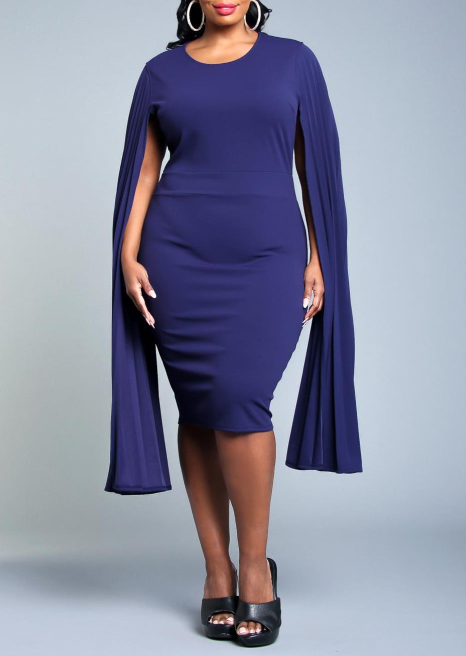 Hi Curvy Plus Size Women Pleated Cape Sleeve Bodycon Dress Made In USA