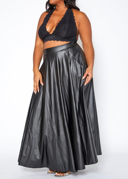 Hi Curvy Plus Size PU Leather Wide Flare Maxi Skirt