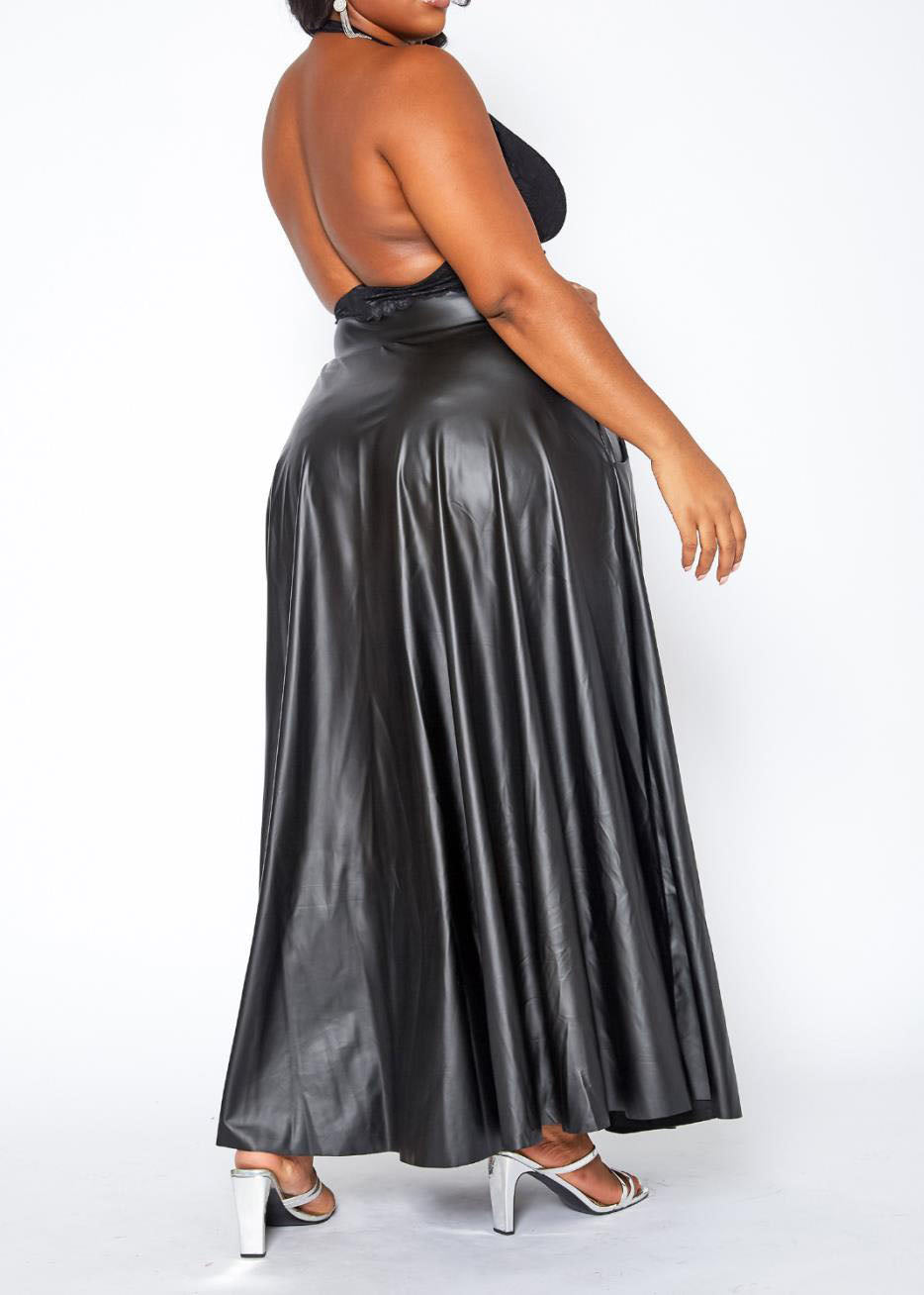 Hi Curvy Plus Size PU Leather Wide Flare Maxi Skirt