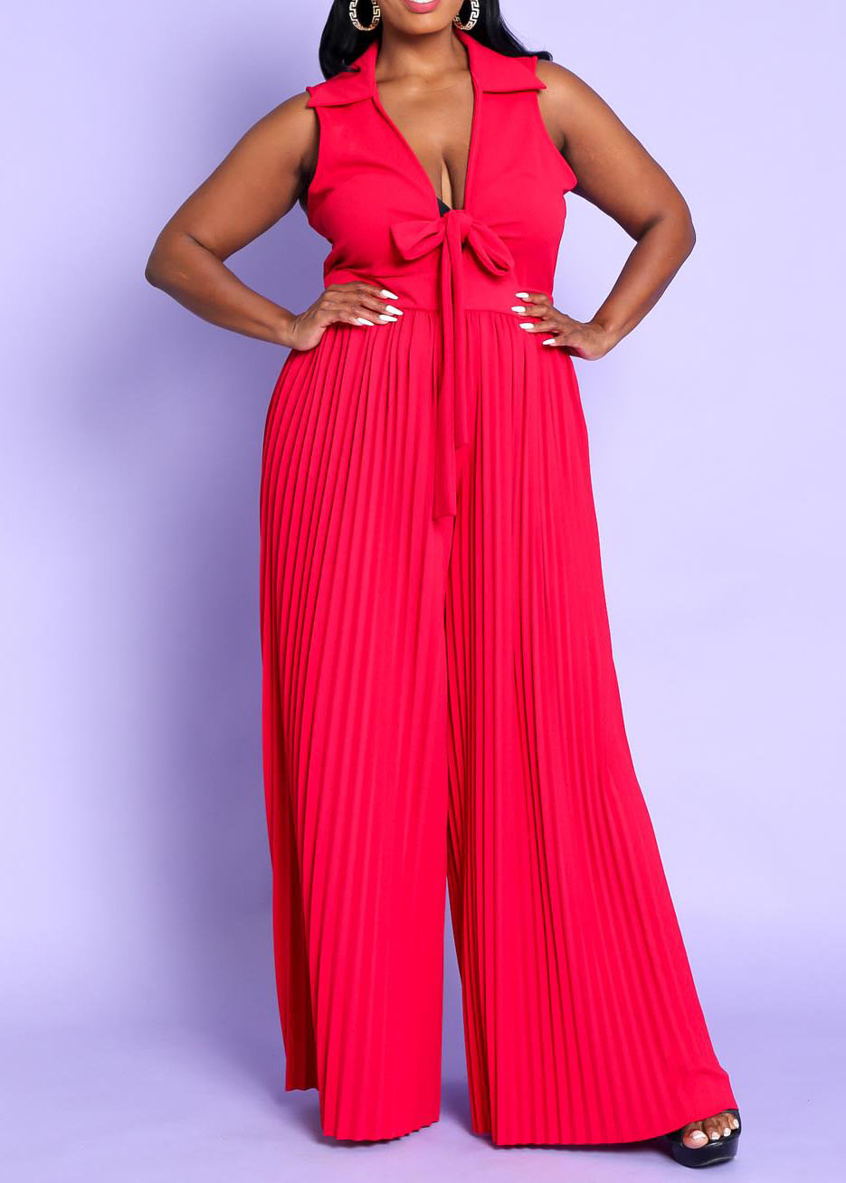 Hi Curvy Plus Size Women Sleeveless Pleated Wide Leg Jumpsuit