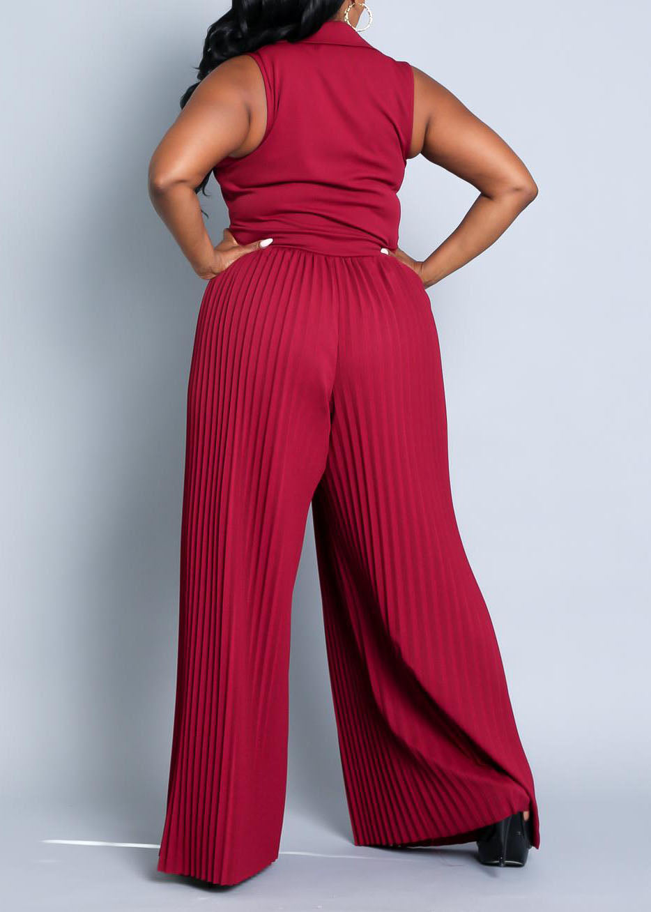 Hi Curvy Plus Size Women Sleeveless Pleated Wide Leg Jumpsuit