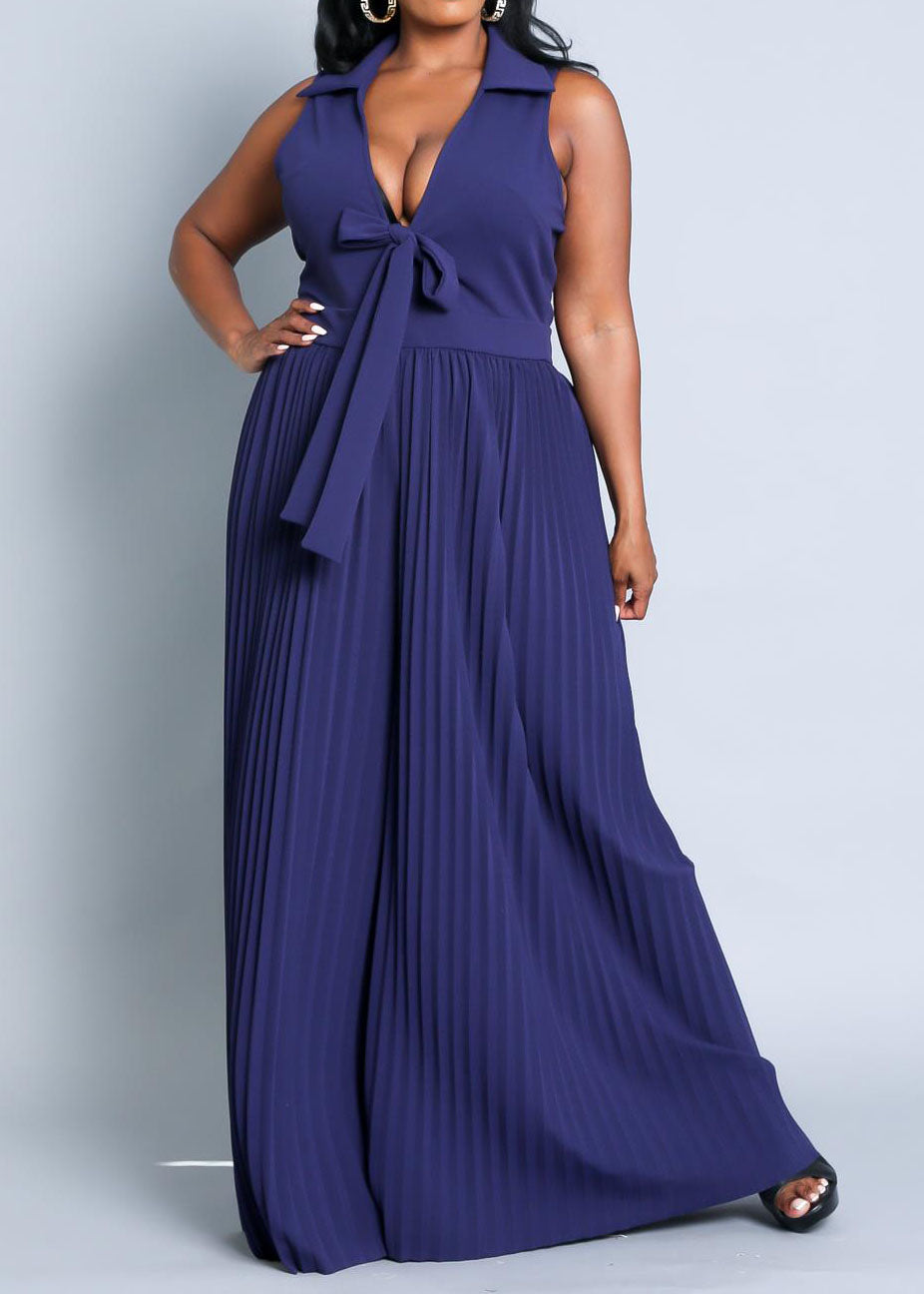 Hi Curvy Plus Size Women Sleeveless Pleated Wide Leg Jumpsuit