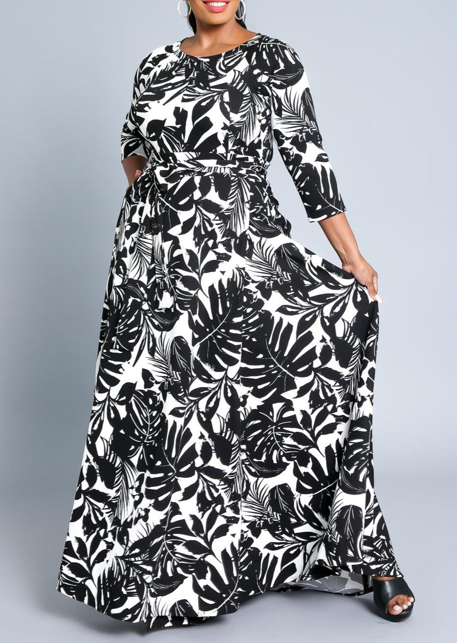 Hi Curvy Plus Size Women Leaf Print Flare Maxi Dress with Pockets