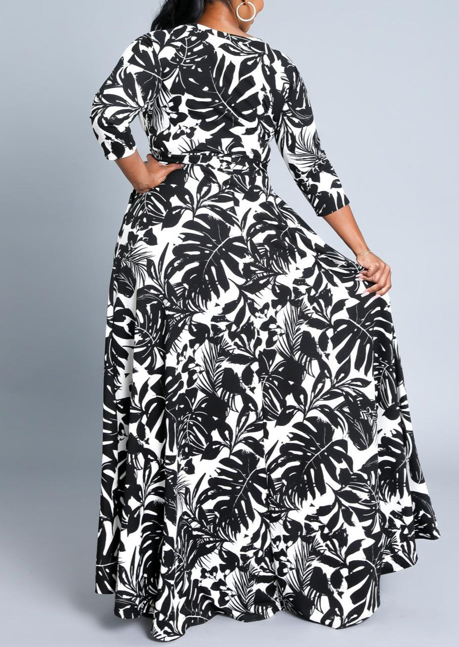 Hi Curvy Plus Size Women Leaf Print Flare Maxi Dress with Pockets