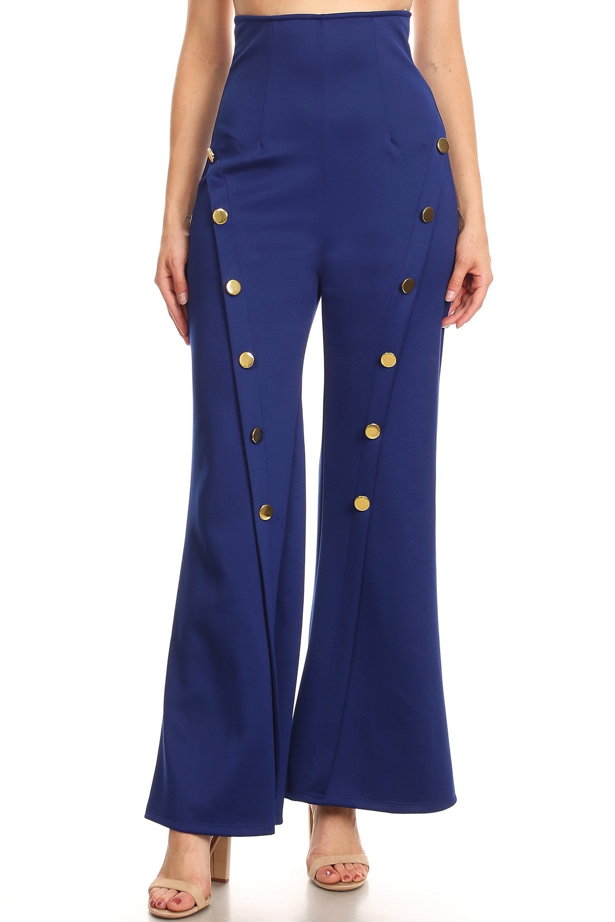 Women Chic Solid Hi Waist  Layer  Wide Leg Button Front detail