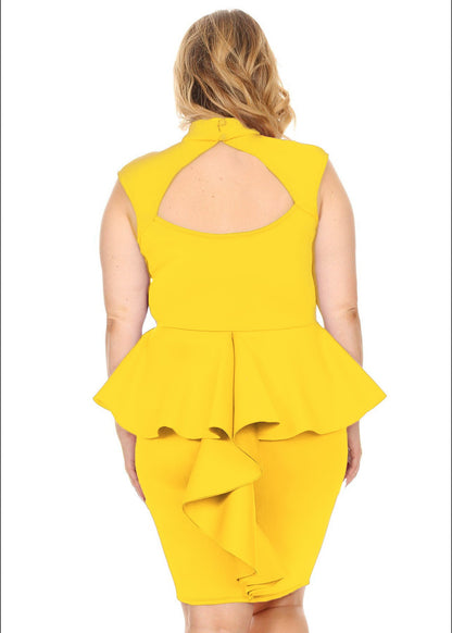 Plus Size Mock Neck Peplum Back Ruffle Hem Keyhole front Knee Dress