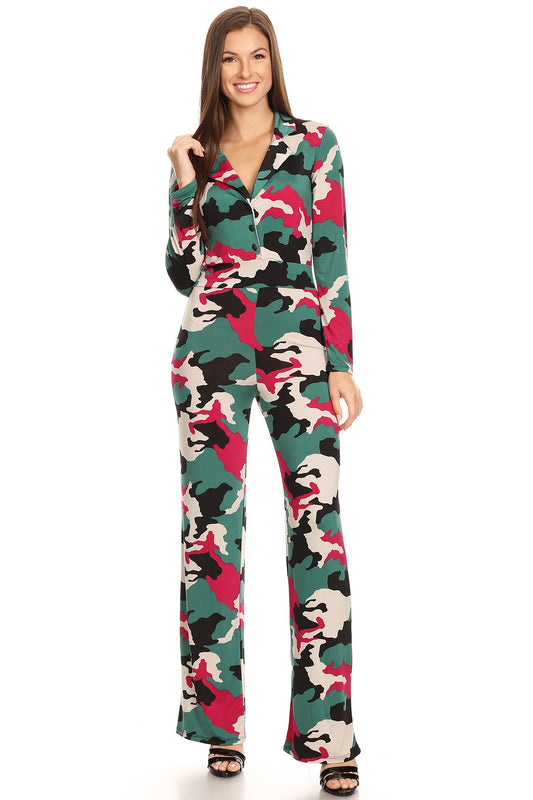 Women Lone Sleeves V-neck Camo printed button up front Wide Legs Jumpsuit in a relaxed fit