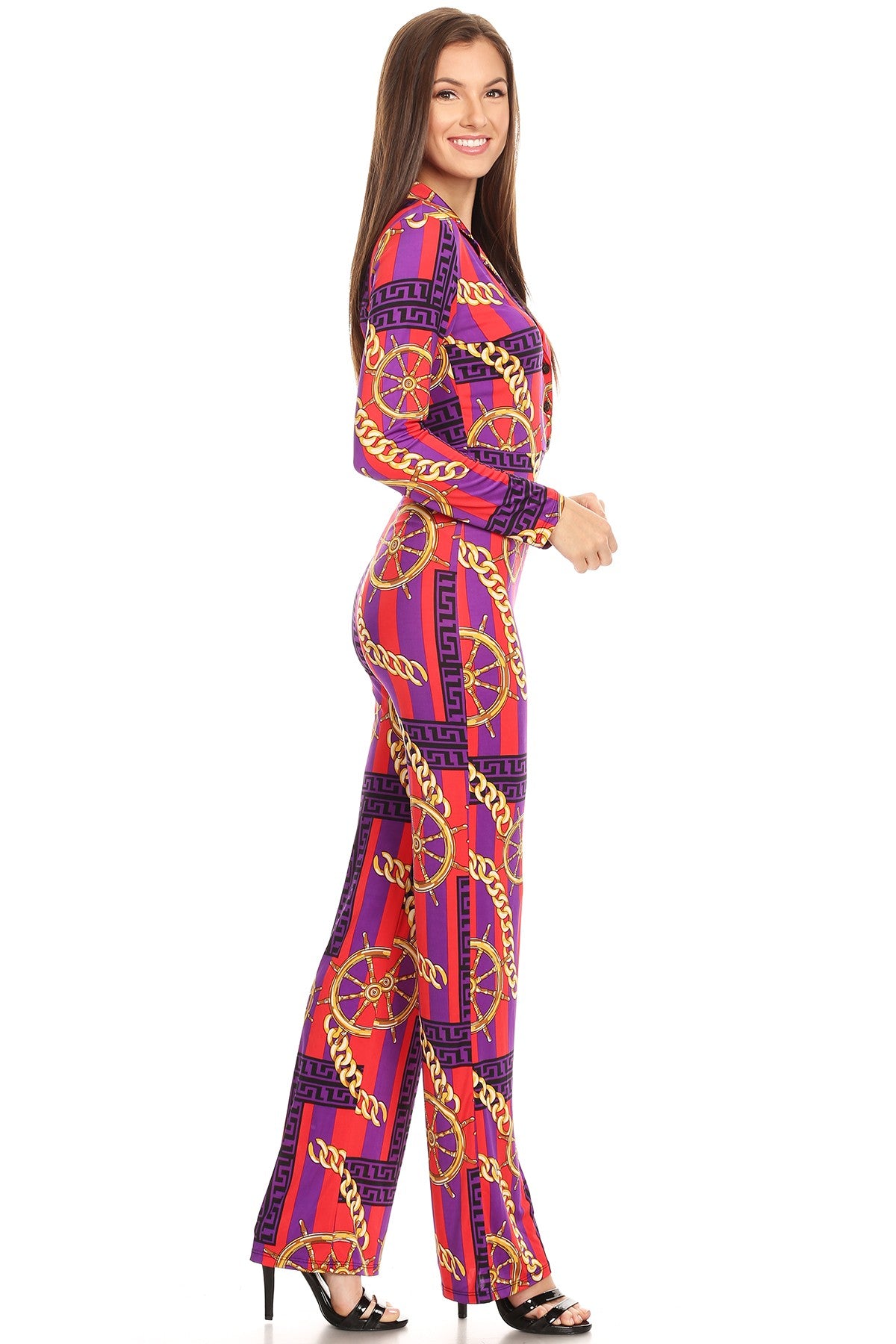 Women Long Sleeves V-Neck Striped Chains Boat Wheel Printed Relaxed Fit Jumpsuit Button up Front and Wide legs.