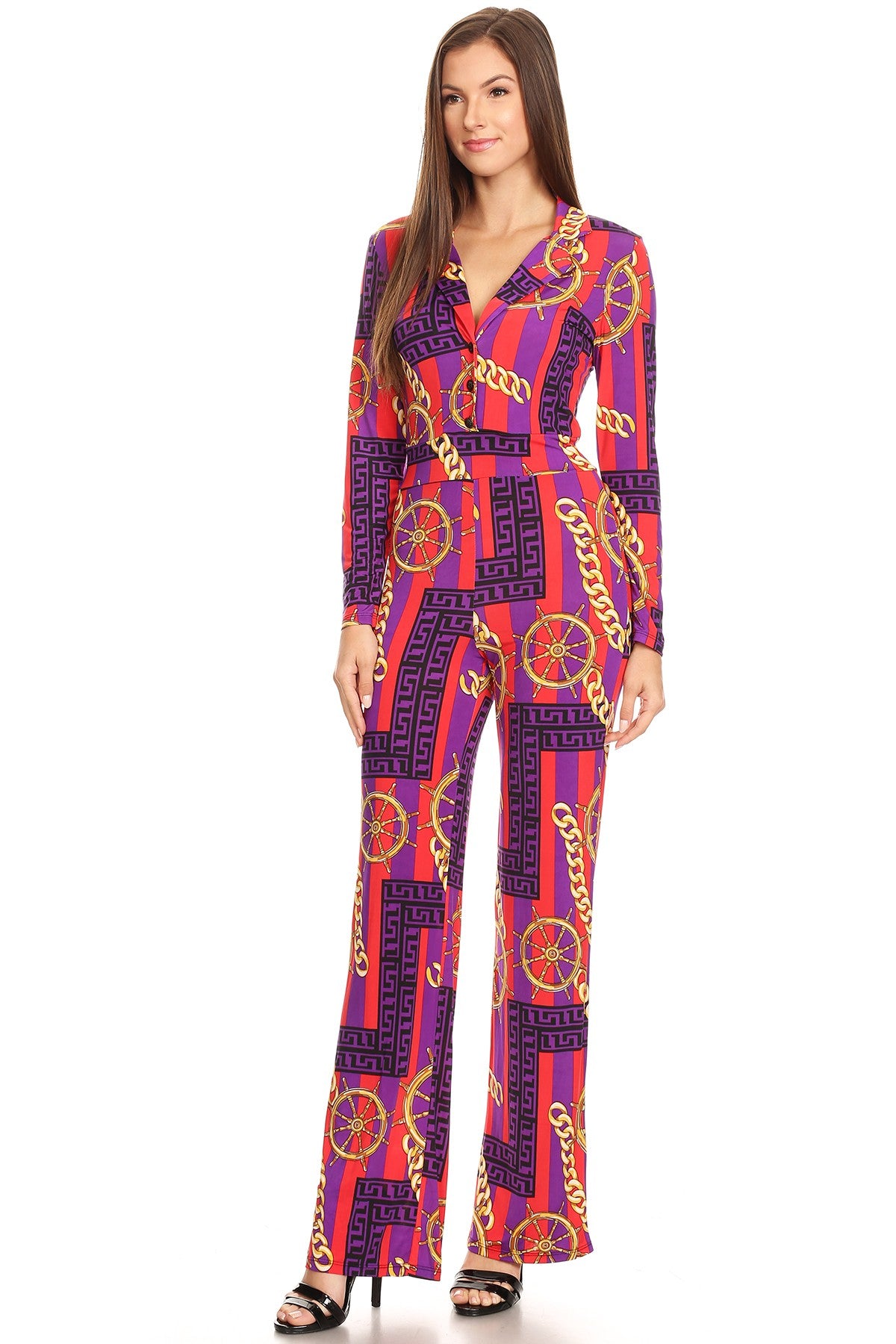 Women Long Sleeves V-Neck Striped Chains Boat Wheel Printed Relaxed Fit Jumpsuit Button up Front and Wide legs.