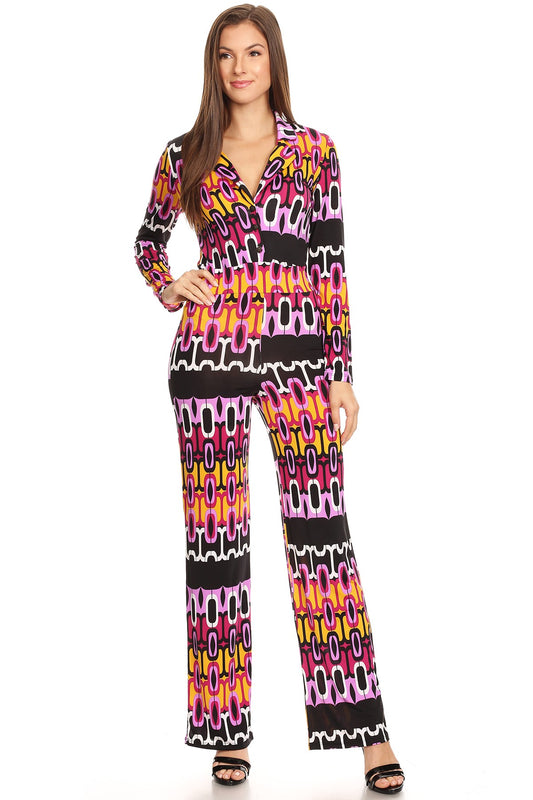 Women Multicolor Geometric Printed Long Sleeves V-neck Button Front Relaxed fit Wide Legs Jumpsuit