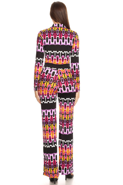 Women Multicolor Geometric Printed Long Sleeves V-neck Button Front Relaxed fit Wide Legs Jumpsuit