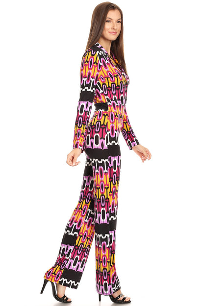 Women Multicolor Geometric Printed Long Sleeves V-neck Button Front Relaxed fit Wide Legs Jumpsuit