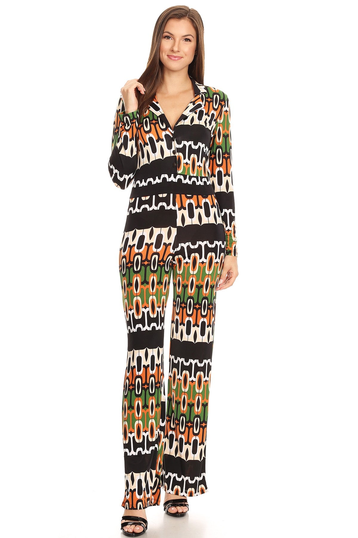 Women Multicolor Geometric Printed Long Sleeves V-neck Button Front Relaxed fit Wide Legs Jumpsuit