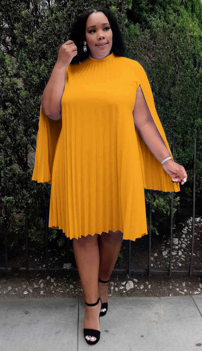 Plus Size Cape Sleeve Keyhole Back Pleated Knee Dress