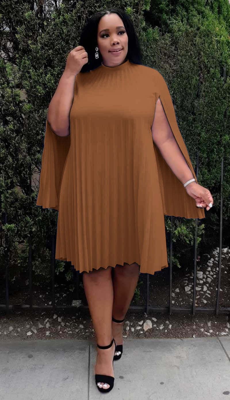 Plus Size Cape Sleeve Keyhole Back Pleated Knee Dress