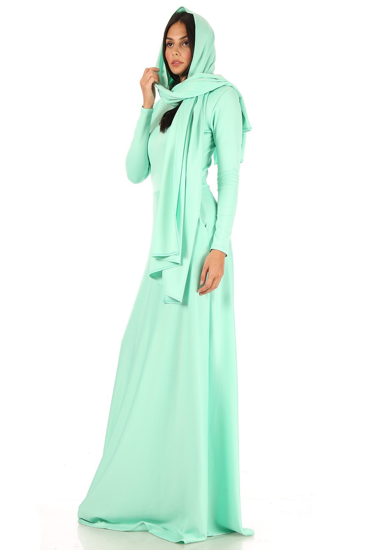 Women Chic Long Sleeves Scuba Flare Maxi Dress With Long Scurf and Pockets