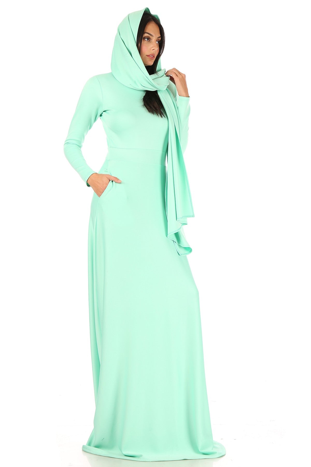 Women Chic Long Sleeves Scuba Flare Maxi Dress With Long Scurf and Pockets