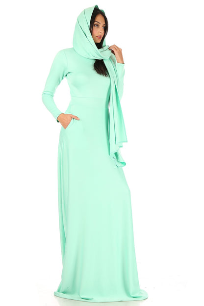 Women Chic Long Sleeves Scuba Flare Maxi Dress With Long Scurf and Pockets