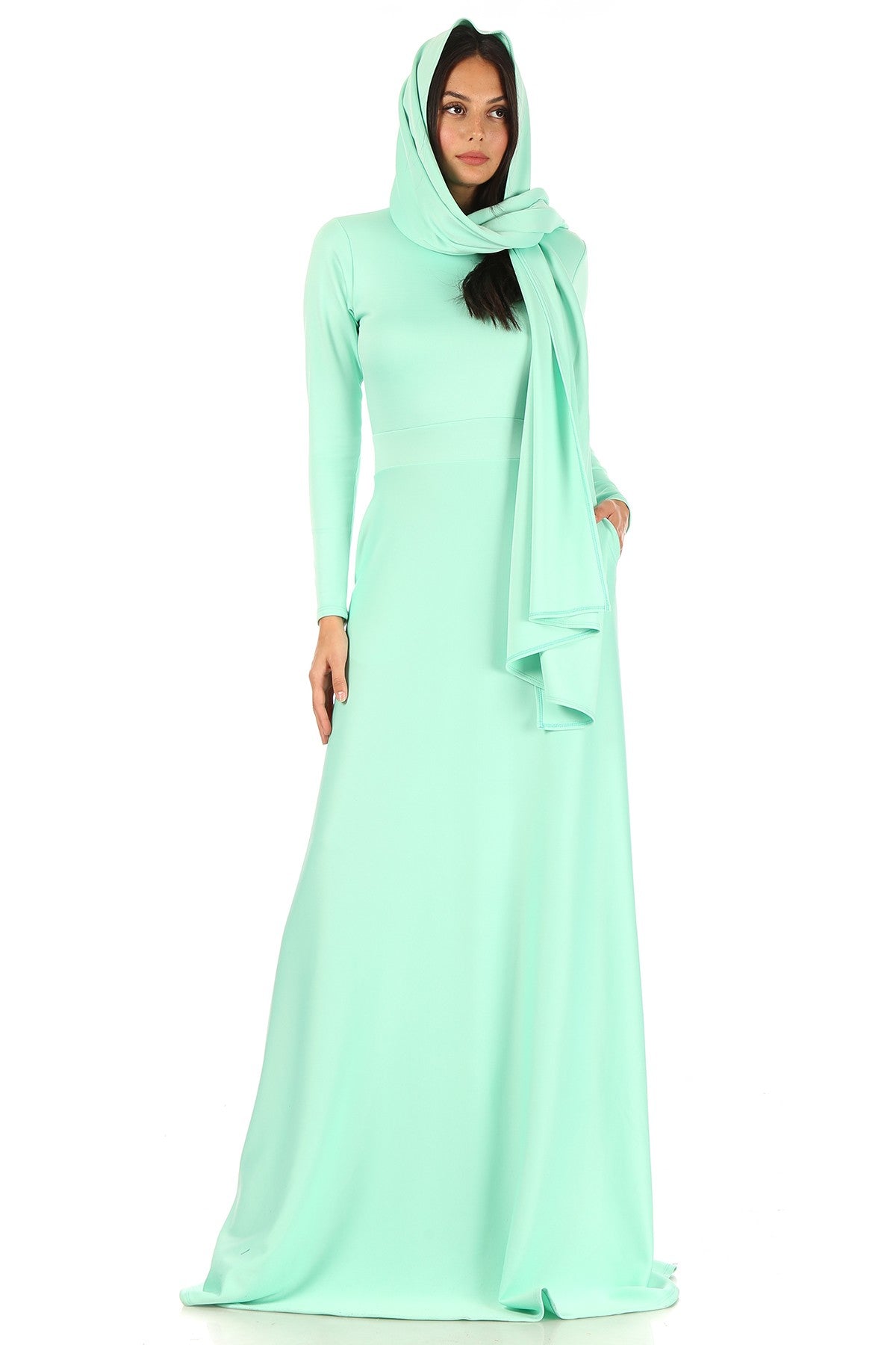 Women Chic Long Sleeves Scuba Flare Maxi Dress With Long Scurf and Pockets