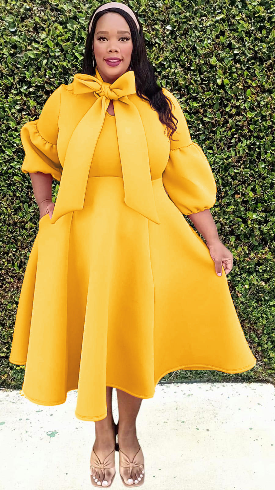 2933 Plus Size 3/4 Bishop Sleeves Big Bow Neck Flare Midi Dress
